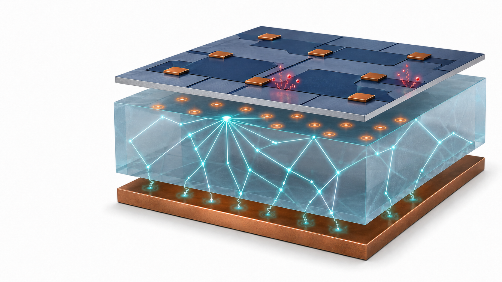 Exploded chip stack with phonon paths in a substrate, superconducting electrodes above, and a lower film.