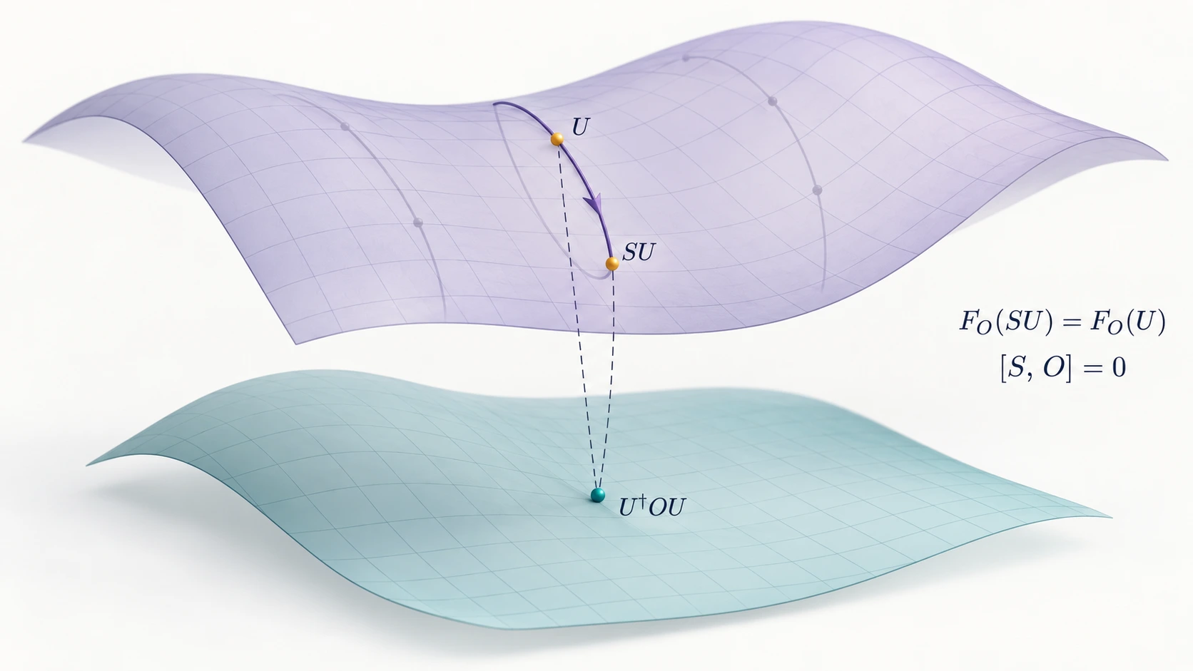Two circuit points U and SU on one stabilizer fiber project along dashed lines to the same effective observable.