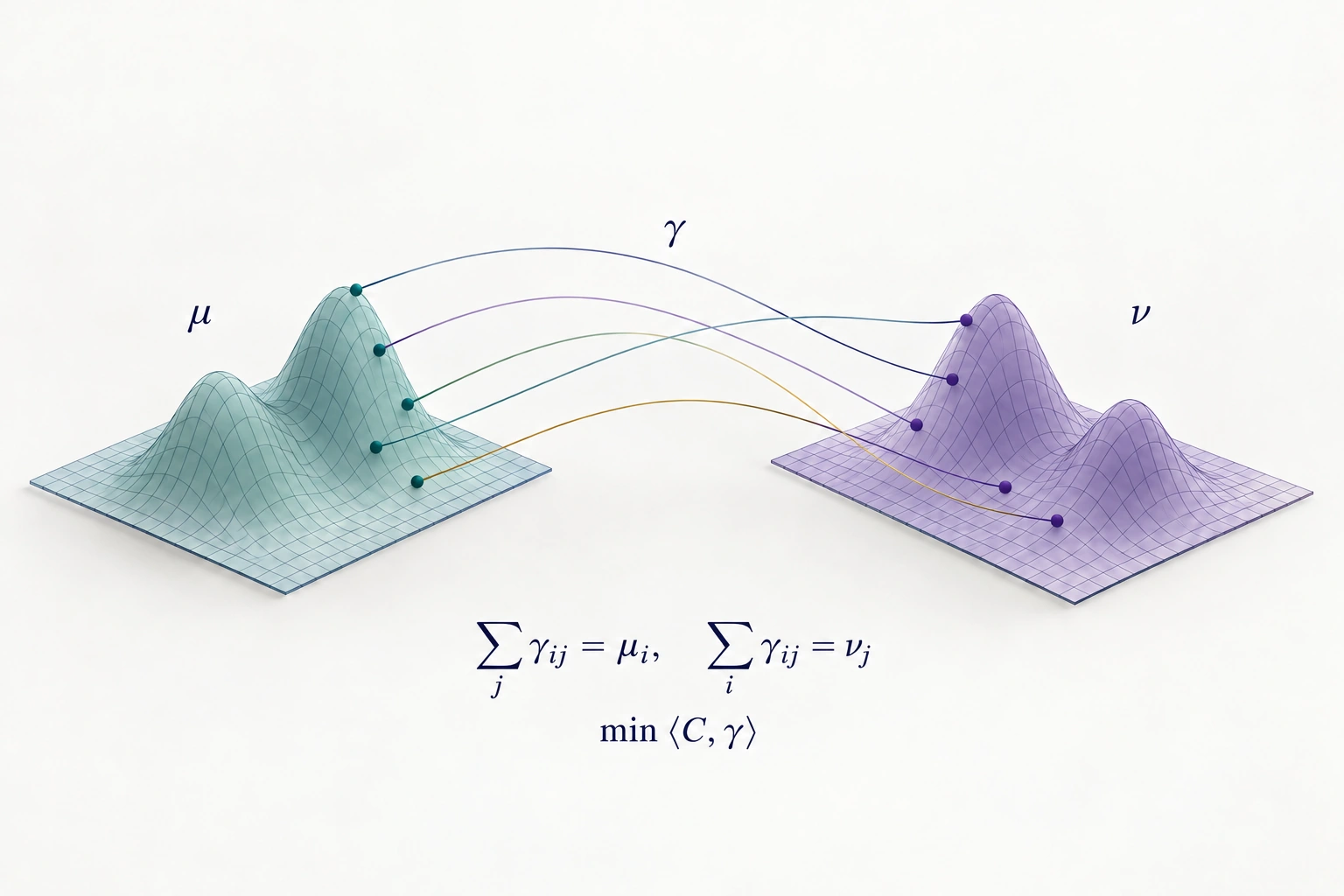 Two probability surfaces are linked by a transport coupling gamma, with marginal constraints written below.